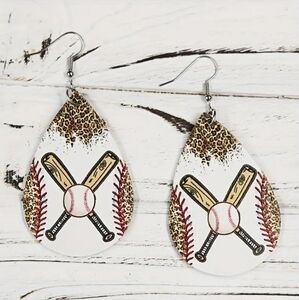 White Baseball Leopard Sport Faux Leather Earrings NWT, Baseball Mom Earrings
